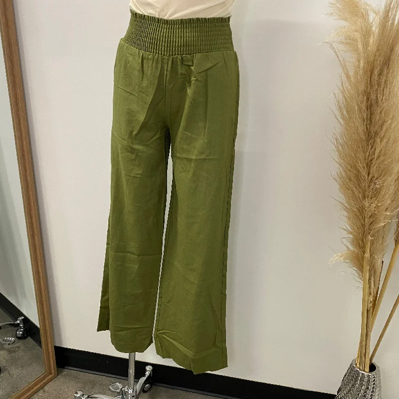 Linen Pants with Smocked Waist-Olive