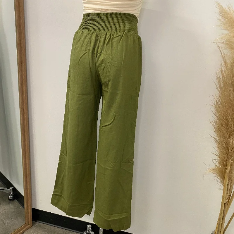 Linen Pants with Smocked Waist-Olive