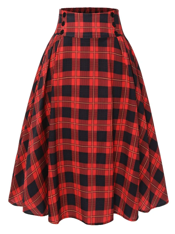 Red 1940s Buffalo Check Buttons Skirt