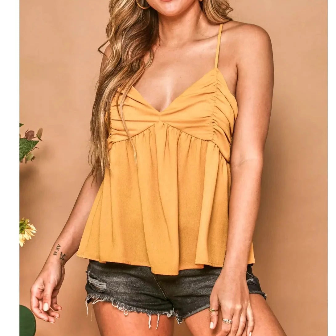 Women's Ruched Peplum Tank Top- Mustard