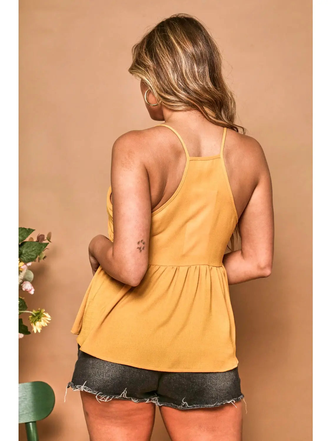 Women's Ruched Peplum Tank Top- Mustard