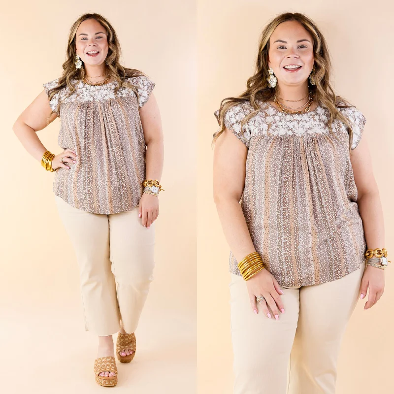 Festival Weather White Embroidered Floral Print Top with Cap Sleeves in Mocha Mix