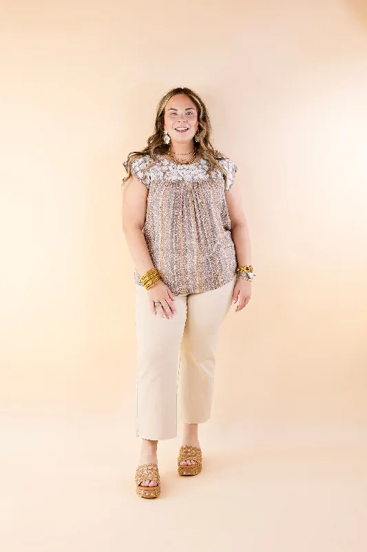 Festival Weather White Embroidered Floral Print Top with Cap Sleeves in Mocha Mix