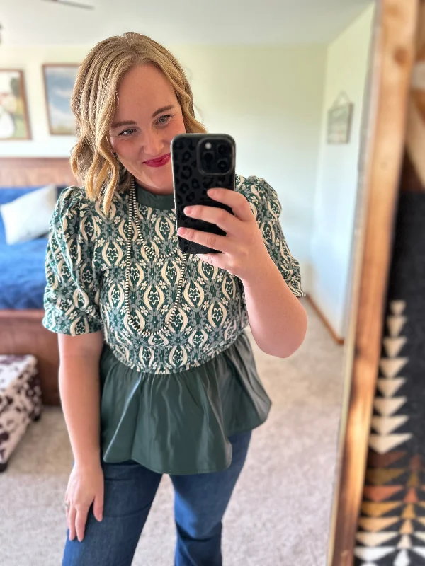 Green Printed Velvet / Pleather Peplum Top