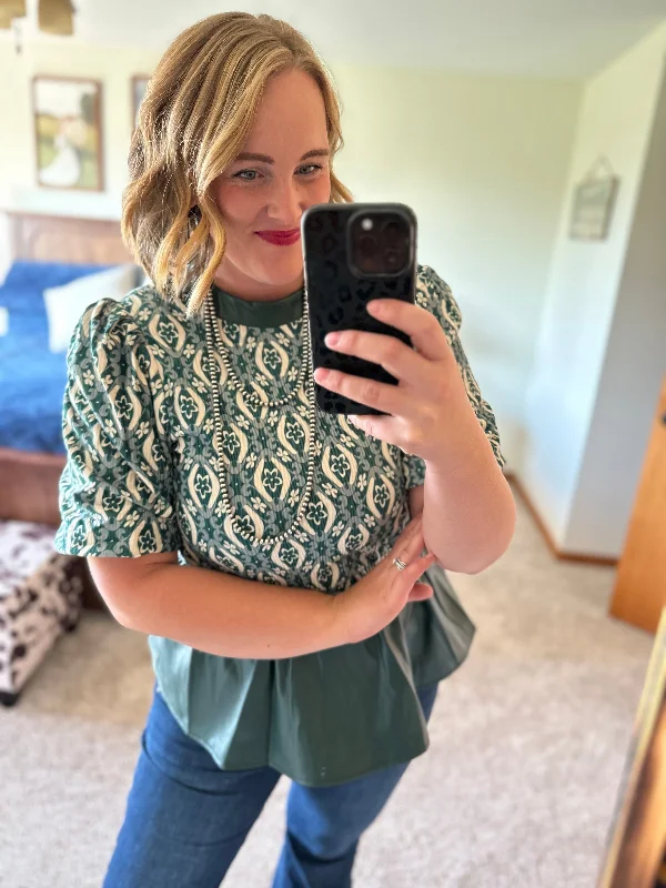 Green Printed Velvet / Pleather Peplum Top