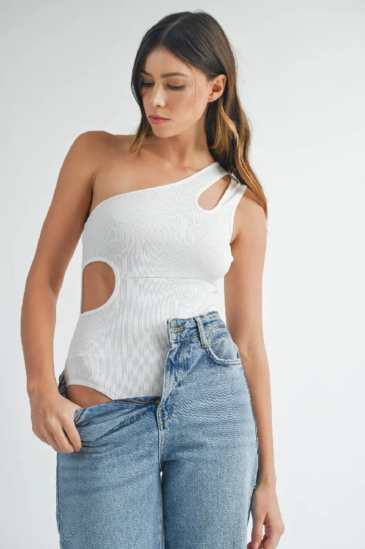 Hot Girl MABLE One Shoulder Ribbed Cutout Detail Bodysuit In White