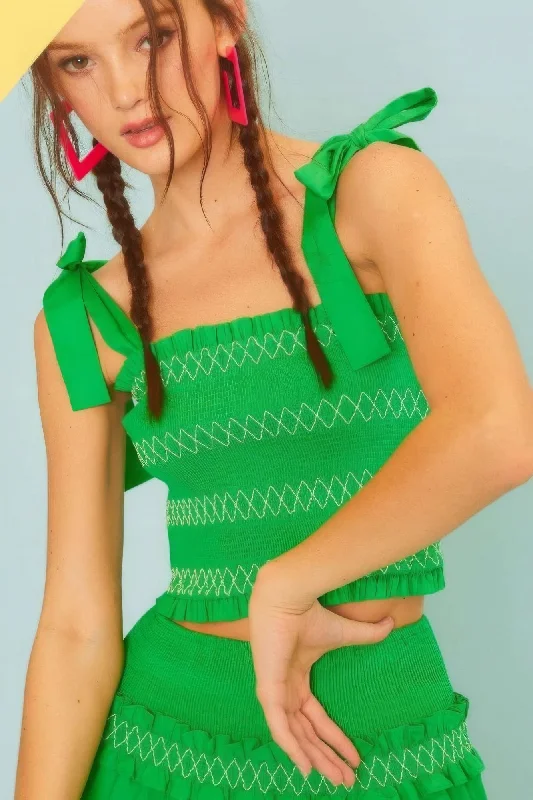 Hot Girl Tinsley Tie Shoulder Smocked Ruffled Cotton Cropped Tank In Kelly Green