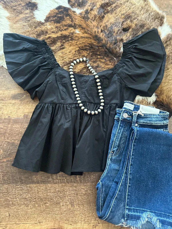 Ruffle Sleeve Peplum Top - Black