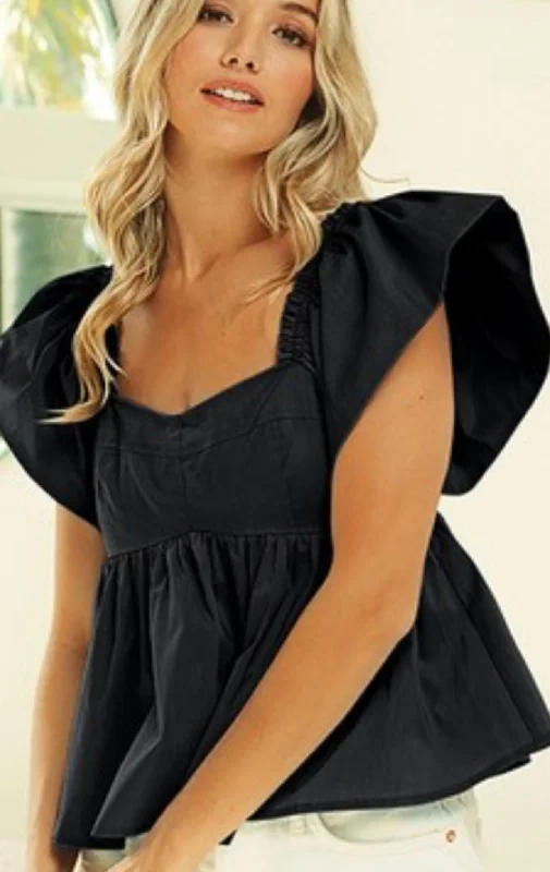 Ruffle Sleeve Peplum Top - Black