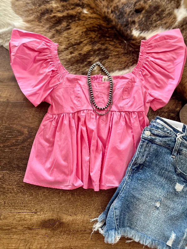 Ruffle Sleeve Peplum Top - Pink