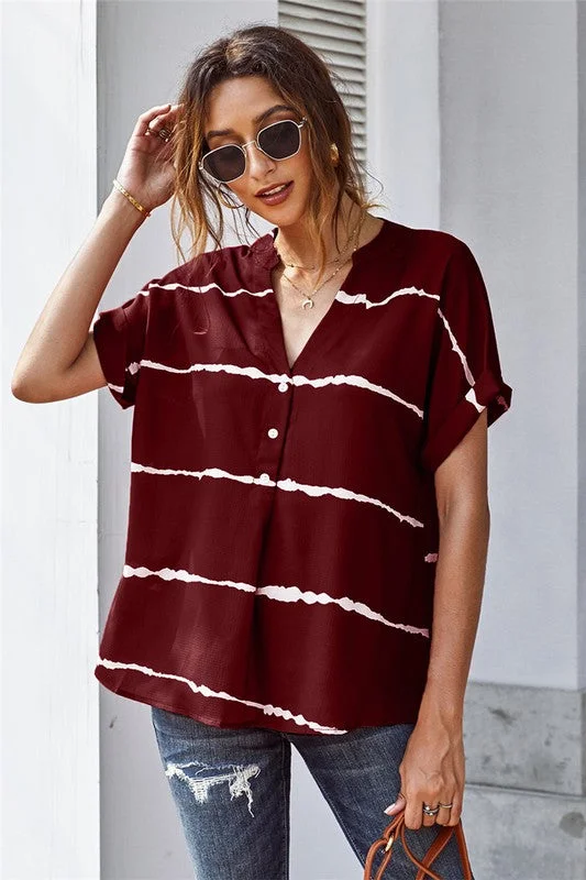 Striped Short Sleeve Top (Burgundy)