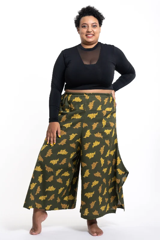 Plus Size Leaves Women's Cotton Palazzo Pants in Green