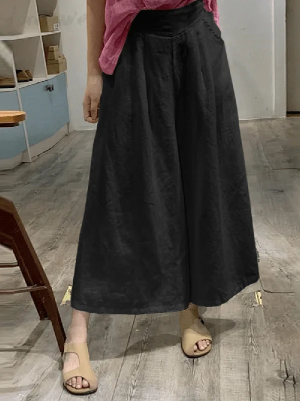 Women Cotton Elastic Waist Wide Leg Pants Casual Culottes with Pocket