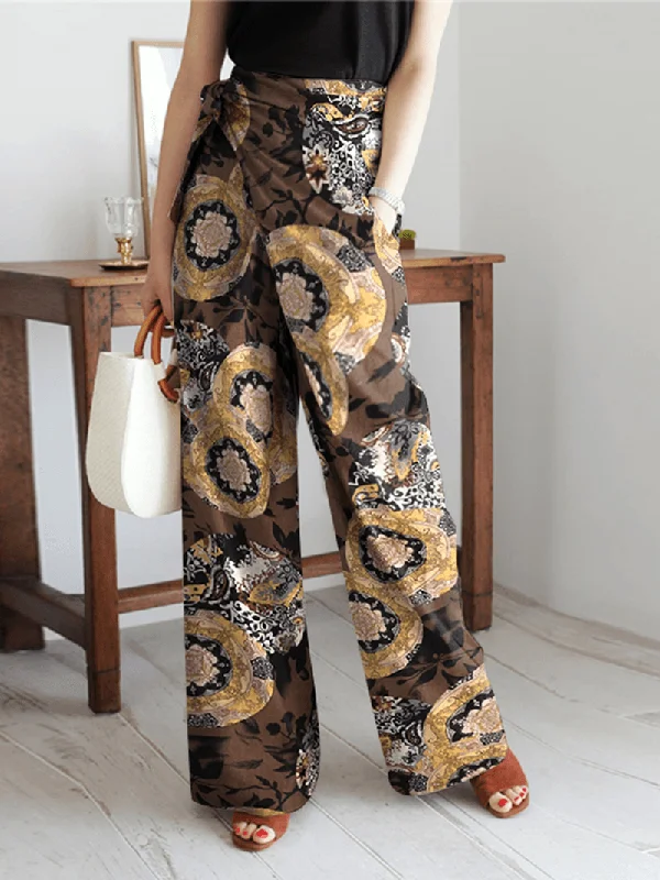 Women Ethnic Style Print Asymmetric Tie Waist Casual Wide Leg Pants