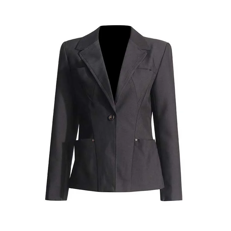 Women's Blazer Pocket Embellished V Neck One Button Jacket