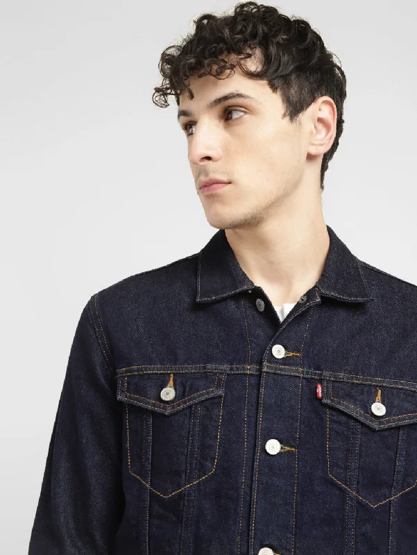 Men's Embroidered Dark Indigo Spread Collar Jacket