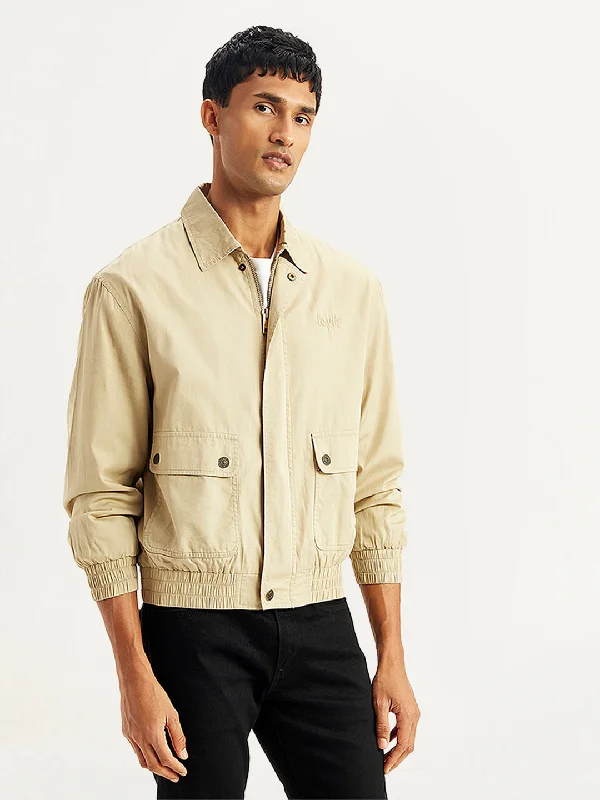 Men's Solid Beige Spread Collar Jacket