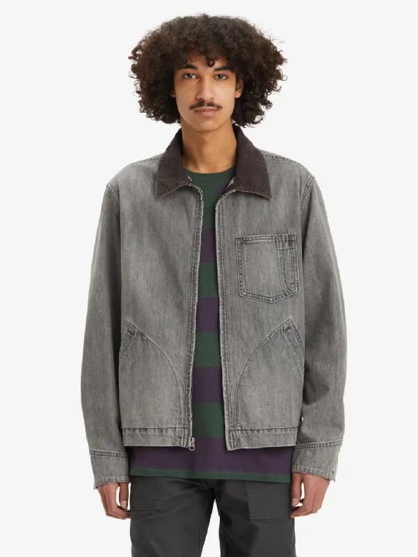 Men's Solid Charcoal-Grey Spread Collar Denim Jacket