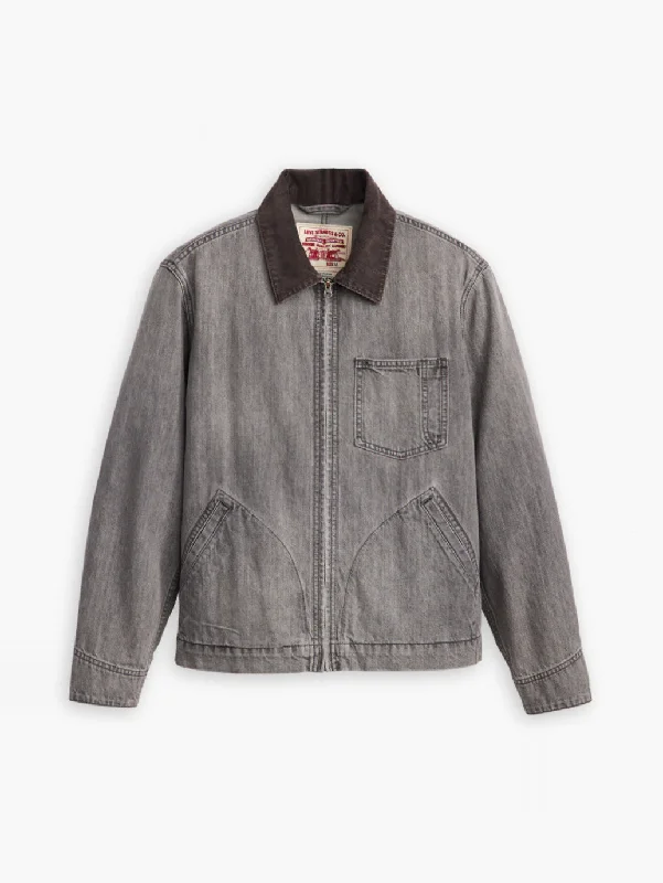 Men's Solid Charcoal-Grey Spread Collar Denim Jacket