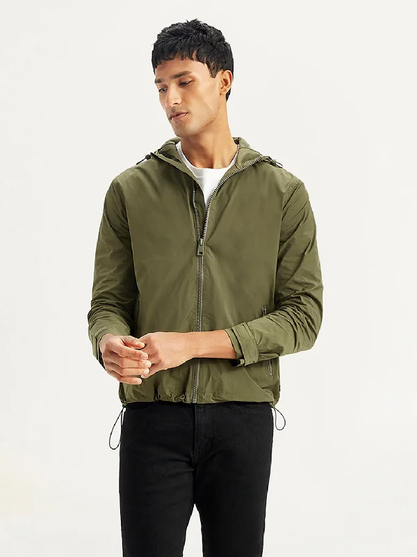 Men's Solid Olive Hooded Jacket