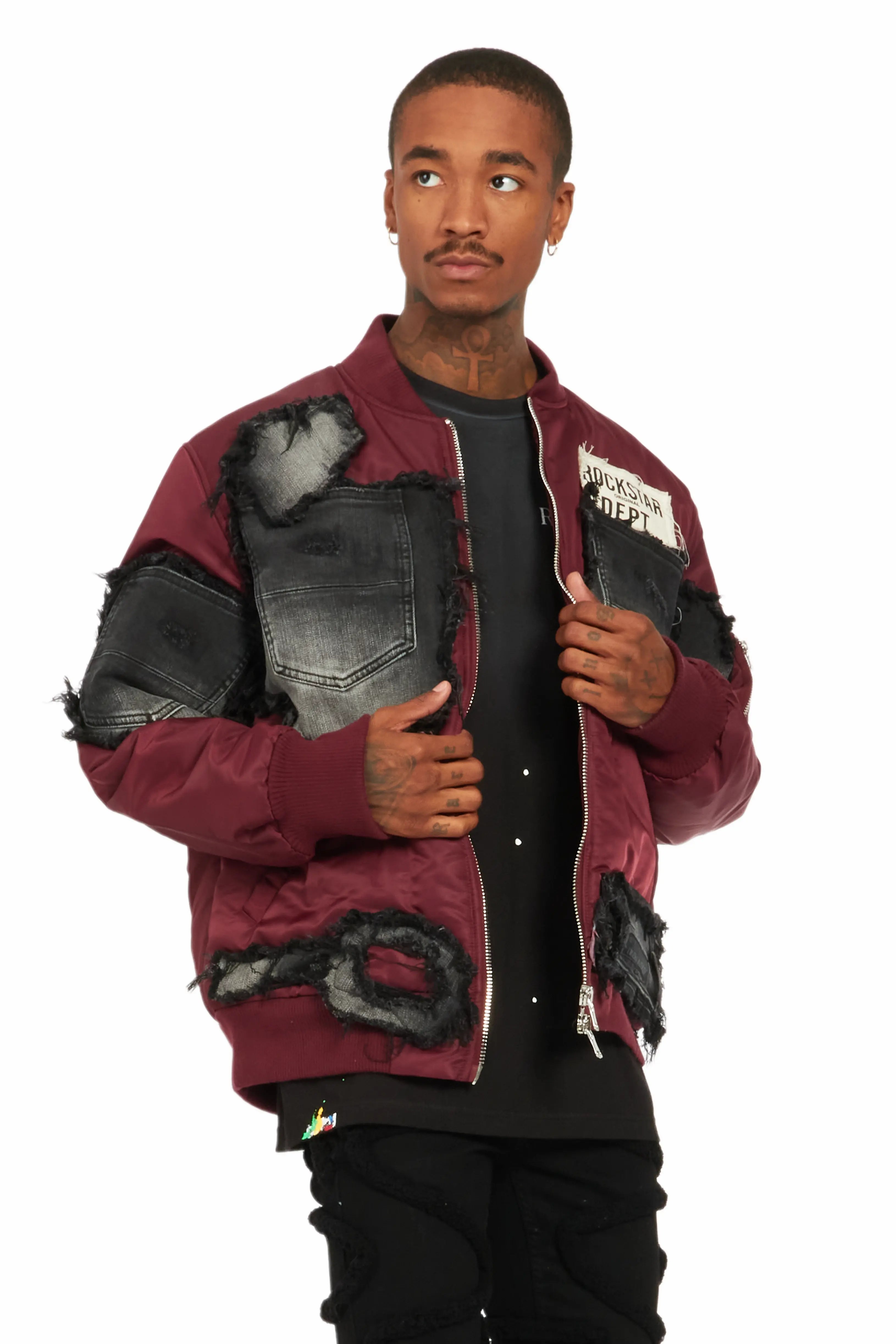 Xylo Burgundy Patchwork Bomber Jacket