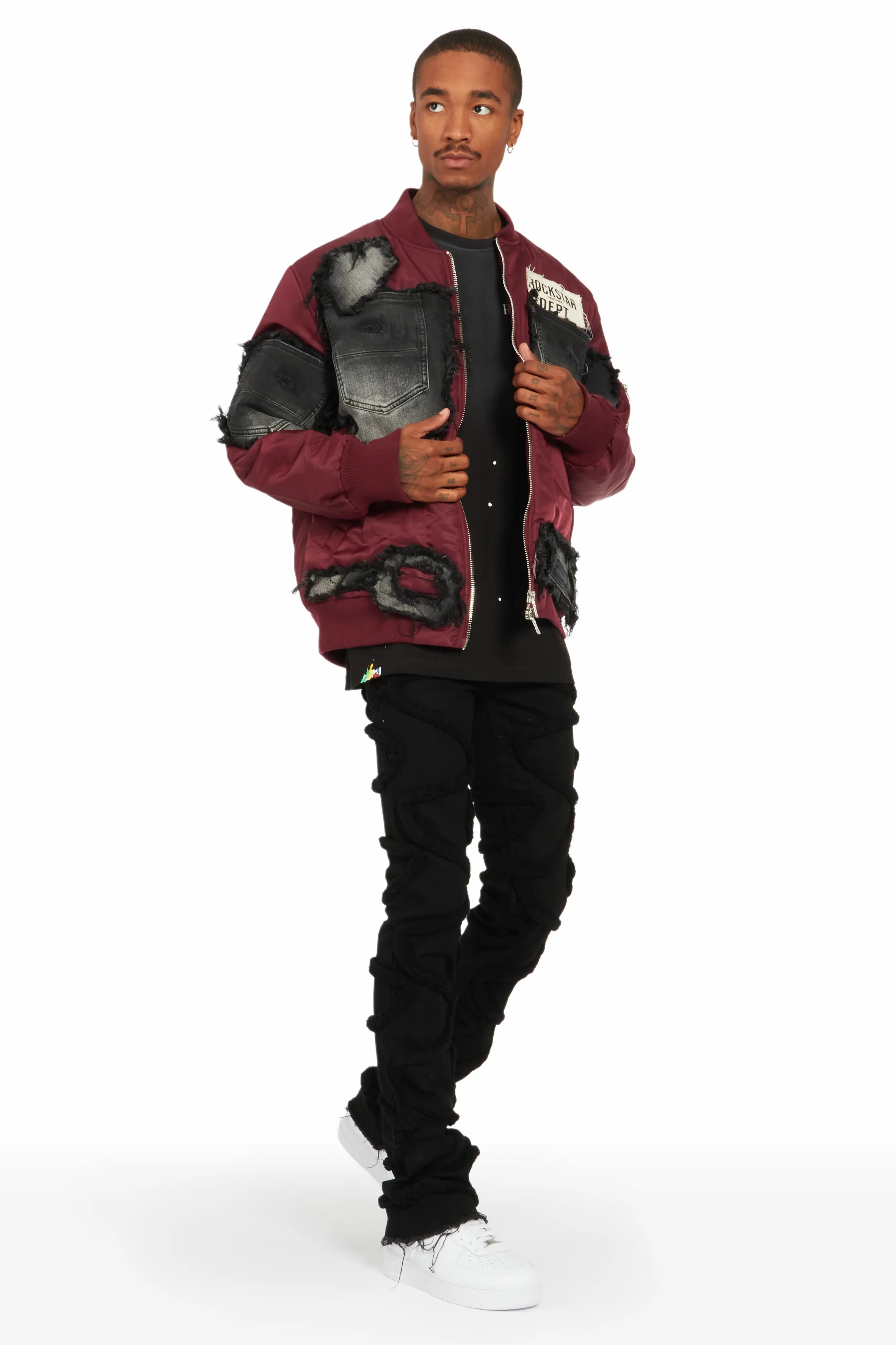 Xylo Burgundy Patchwork Bomber Jacket