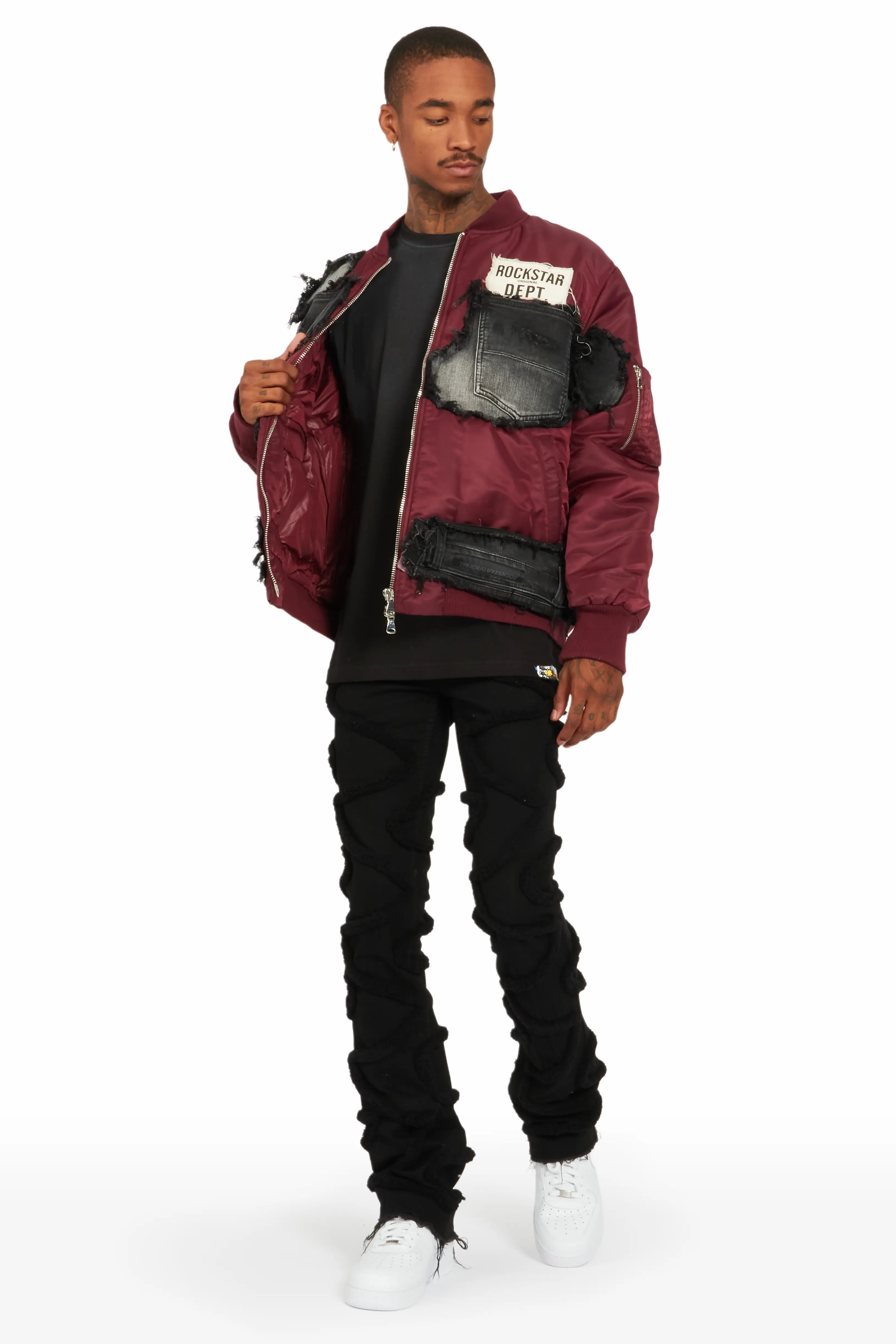 Xylo Burgundy Patchwork Bomber Jacket